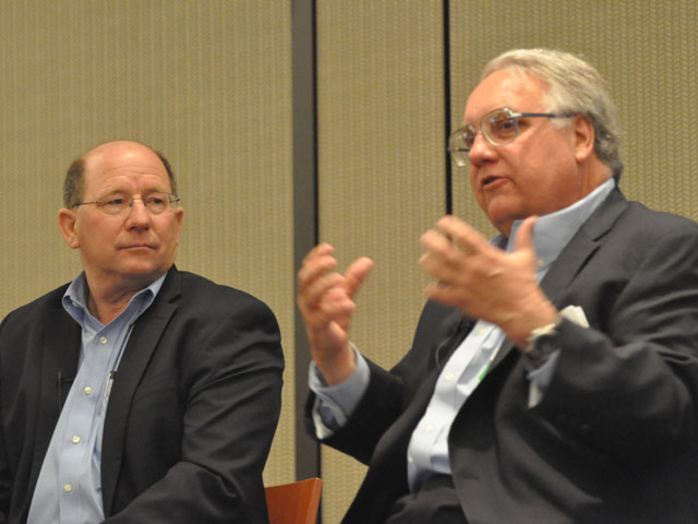American Soybean Association President Ray Gaesser (left) and Howard G. Buffett discuss the benefits of cover crops at the National Conference on Cover Crops &amp; Soil Health that kicked off in downtown Omaha Tuesday. (DTN photo by Chris Clayton)